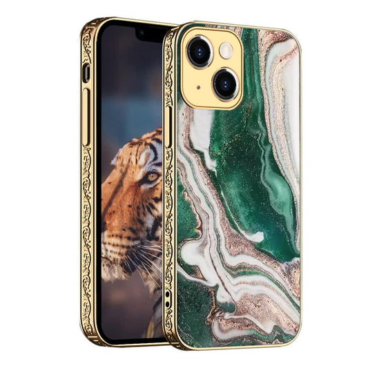 For iPhone 13 Case with Plating Marble Design Glass Back Hard Cover HDL122