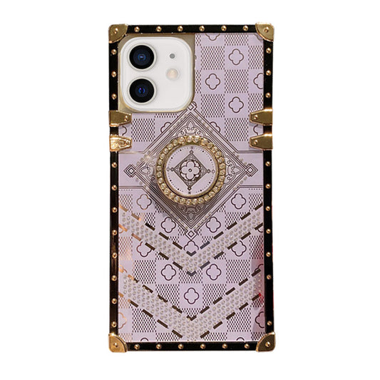 For iPhone 14 Plus Case with Rhinestone Ring Holder Stand Retro Pattern Square Hard Cover HDL130