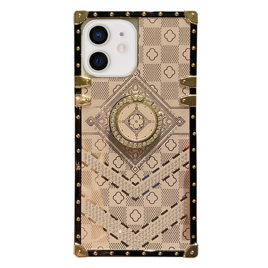 For iPhone 11 Case with Rhinestone Ring Holder Stand Retro Pattern Square Hard Cover HDL130