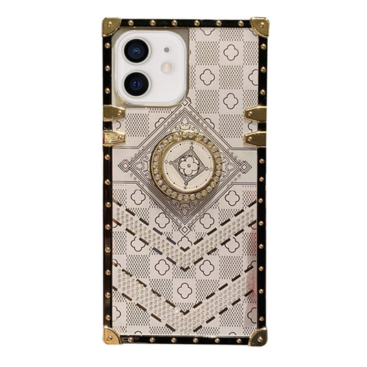 For iPhone 14 Case with Rhinestone Ring Holder Stand Retro Pattern Square Hard Cover HDL130