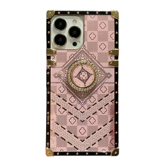 For iPhone 13 Pro Case with Rhinestone Ring Holder Stand Retro Pattern Square Hard Cover HDL130