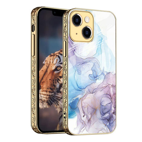 For iPhone 13 Case with Plating Marble Design Glass Back Hard Cover HDL122