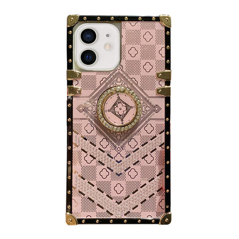 For iPhone 13 Case with Rhinestone Ring Holder Stand Retro Pattern Square Hard Cover HDL130
