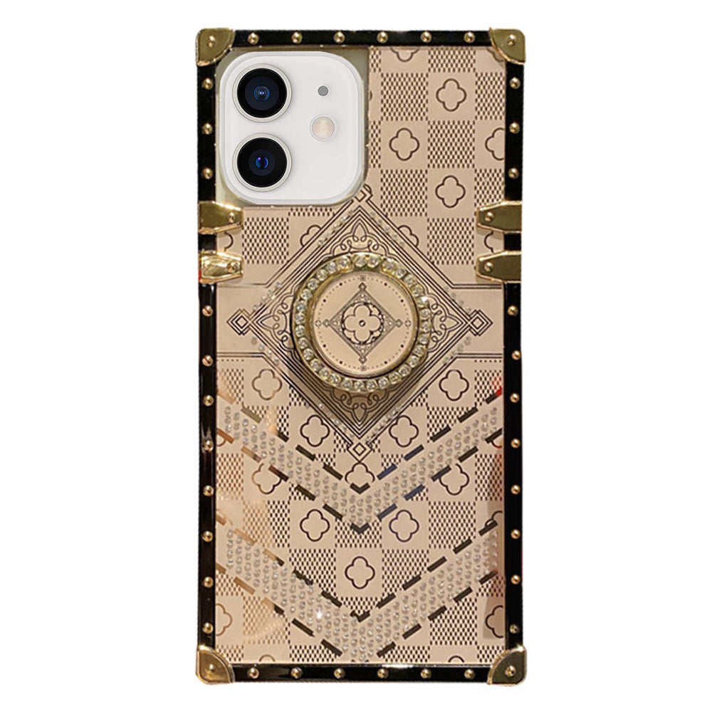 For iPhone 11 Case with Rhinestone Ring Holder Stand Retro Pattern Square Hard Cover HDL130