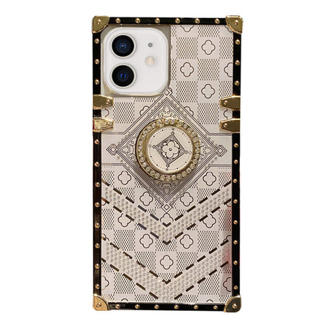 For iPhone 11 Case with Rhinestone Ring Holder Stand Retro Pattern Square Hard Cover HDL130