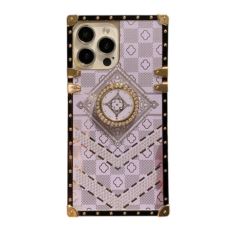 For iPhone 13 Pro Case with Rhinestone Ring Holder Stand Retro Pattern Square Hard Cover HDL130