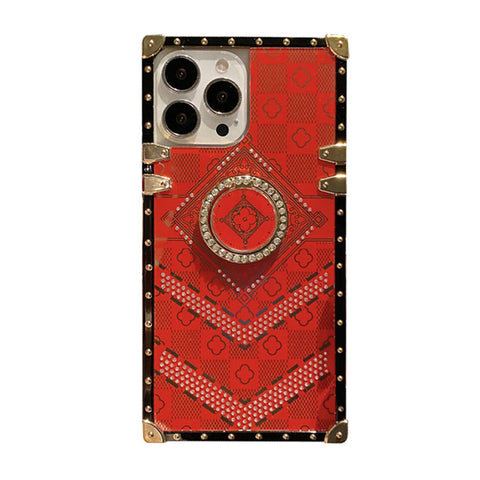 For iPhone 13 Pro Case with Rhinestone Ring Holder Stand Retro Pattern Square Hard Cover HDL130
