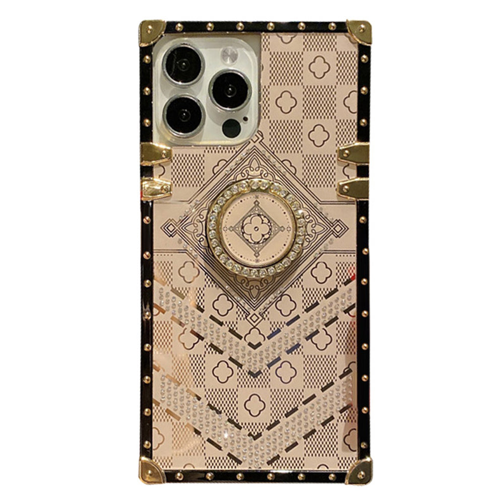 For iPhone 13 Pro Case with Rhinestone Ring Holder Stand Retro Pattern Square Hard Cover HDL130