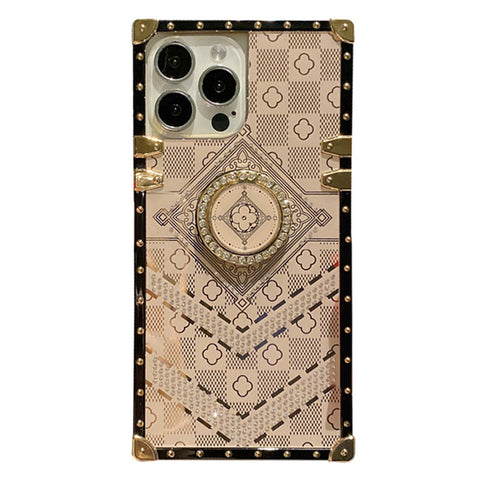 For iPhone 13 Pro Case with Rhinestone Ring Holder Stand Retro Pattern Square Hard Cover HDL130