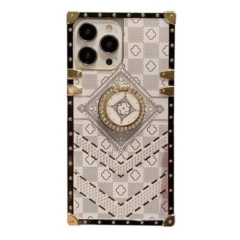 For iPhone 13 Pro Case with Rhinestone Ring Holder Stand Retro Pattern Square Hard Cover HDL130