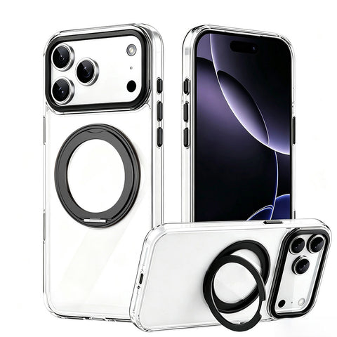 For iPhone 17 Pro Max Case Clear Case With Rotating Ring Stand Hard Cover HDL150