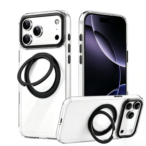 For iPhone 18 Pro Case Clear Case With Rotating Ring Stand Hard Cover HDL150