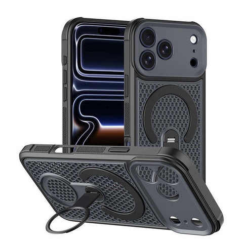 For iPhone 18 Pro Max Case Honeycomb Cooling Cover with 360° Rotating Kickstand HDL159