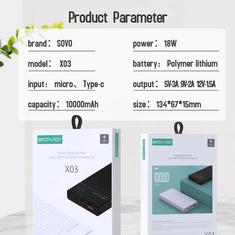10000mAh Power Bank Portable Charger SOVO X03