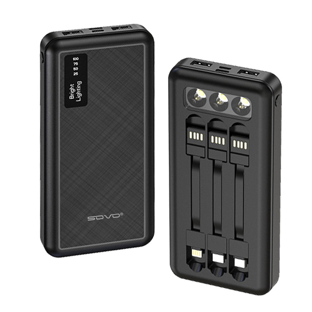 10000mAh Power Bank Portable Charger Built-In 3 Cables and LED Flashlight SOVO X17
