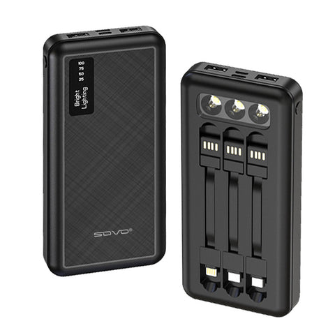 10000mAh Power Bank Portable Charger Built-In 3 Cables and LED Flashlight SOVO X17