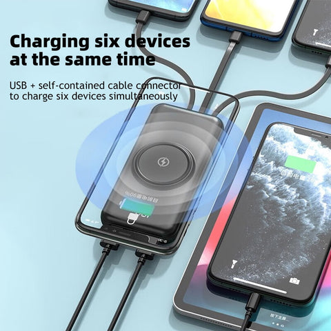 10000mAh Power Bank Wireless Charging Portable Charger Built-In 4 Cables SOVO X35