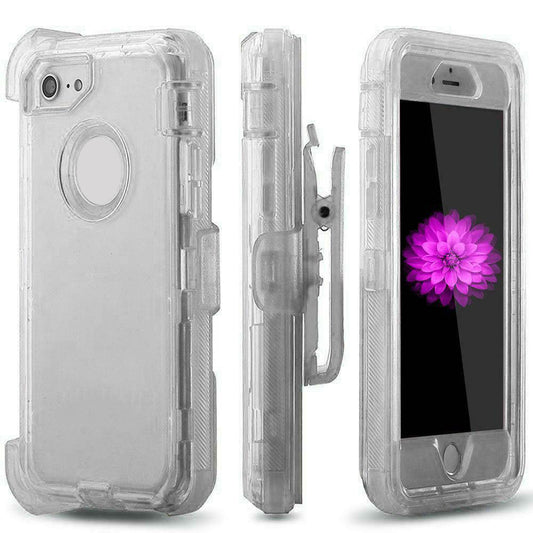 For iPhone SE2 6 7 8 Case Heavy Duty Defender Clear Cover with Belt Clip TRL55