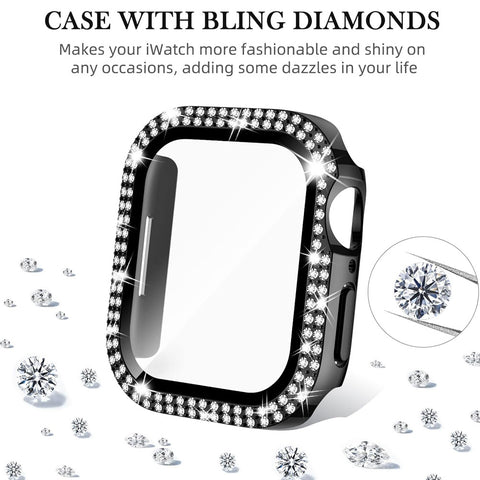 40mm Dual Rhinestones Bumper Frame Cover Case with Tempered Glass Screen Protector For Apple Watch Series