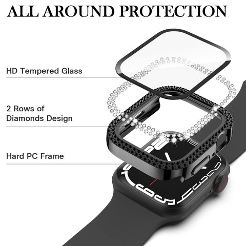 40mm Dual Rhinestones Bumper Frame Cover Case with Tempered Glass Screen Protector For Apple Watch Series