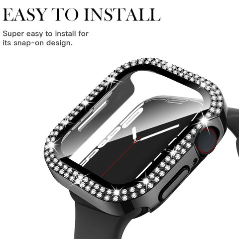 40mm Dual Rhinestones Bumper Frame Cover Case with Tempered Glass Screen Protector For Apple Watch Series