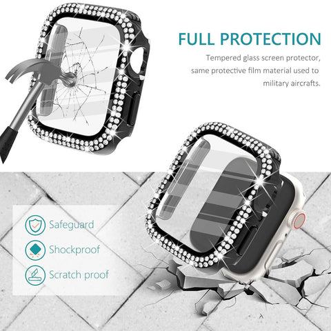 40mm Dual Rhinestones Bumper Frame Cover Case with Tempered Glass Screen Protector For Apple Watch Series