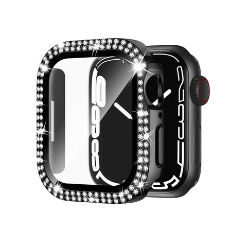 41mm Dual Rhinestones Bumper Frame Cover Case with Tempered Glass Screen Protector For Apple Watch Series