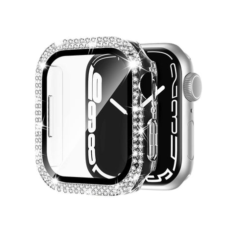 45mm Dual Rhinestones Bumper Frame Cover Case with Tempered Glass Screen Protector For Apple Watch Series