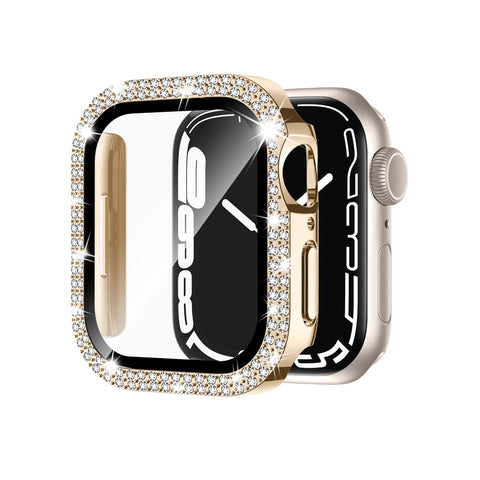 45mm Dual Rhinestones Bumper Frame Cover Case with Tempered Glass Screen Protector For Apple Watch Series