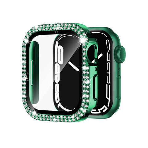 45mm Dual Rhinestones Bumper Frame Cover Case with Tempered Glass Screen Protector For Apple Watch Series