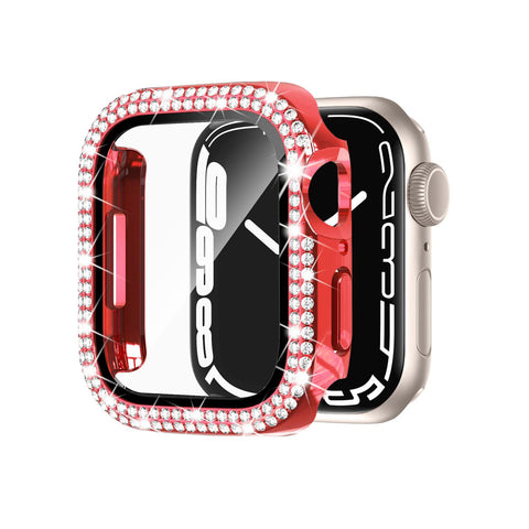 45mm Dual Rhinestones Bumper Frame Cover Case with Tempered Glass Screen Protector For Apple Watch Series